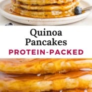 Quinoa pancake Pinterest graphic, with text and photos.