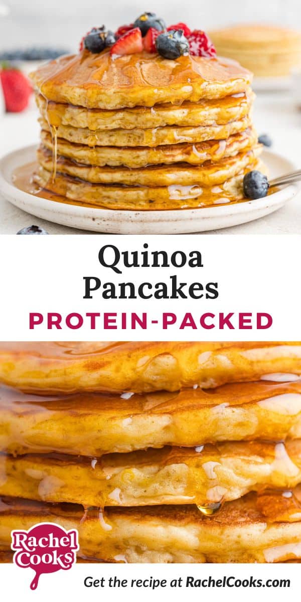 Quinoa pancake Pinterest graphic, with text and photos.