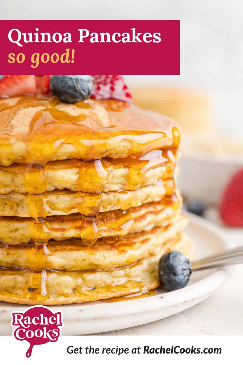 Quinoa pancake Pinterest graphic, with text and photos.