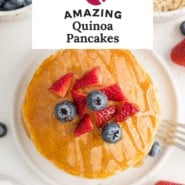 Quinoa pancake Pinterest graphic, with text and photos.