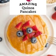 Quinoa pancake Pinterest graphic, with text and photos.