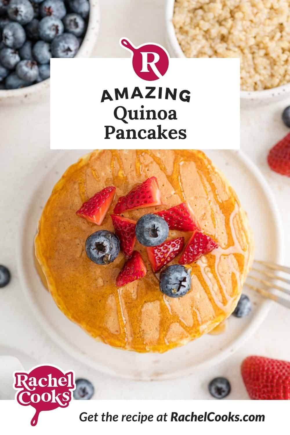 Quinoa pancake Pinterest graphic, with text and photos.