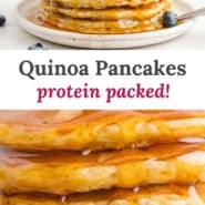 Quinoa pancake Pinterest graphic, with text and photos.