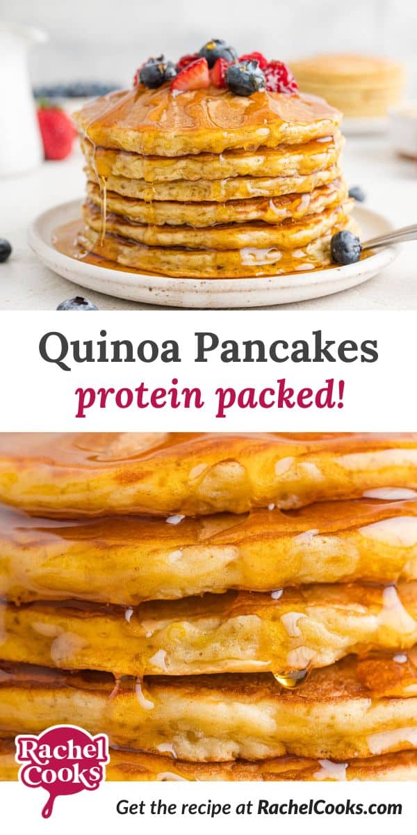 Quinoa pancake Pinterest graphic, with text and photos.