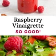 Raspberry vinaigrette pinterest graphic with text and photos.