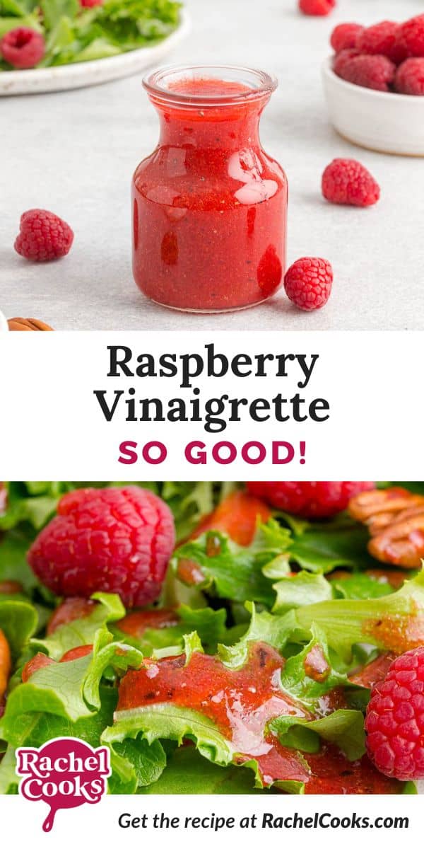 Raspberry vinaigrette pinterest graphic with text and photos.