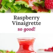 Raspberry vinaigrette pinterest graphic with text and photos.