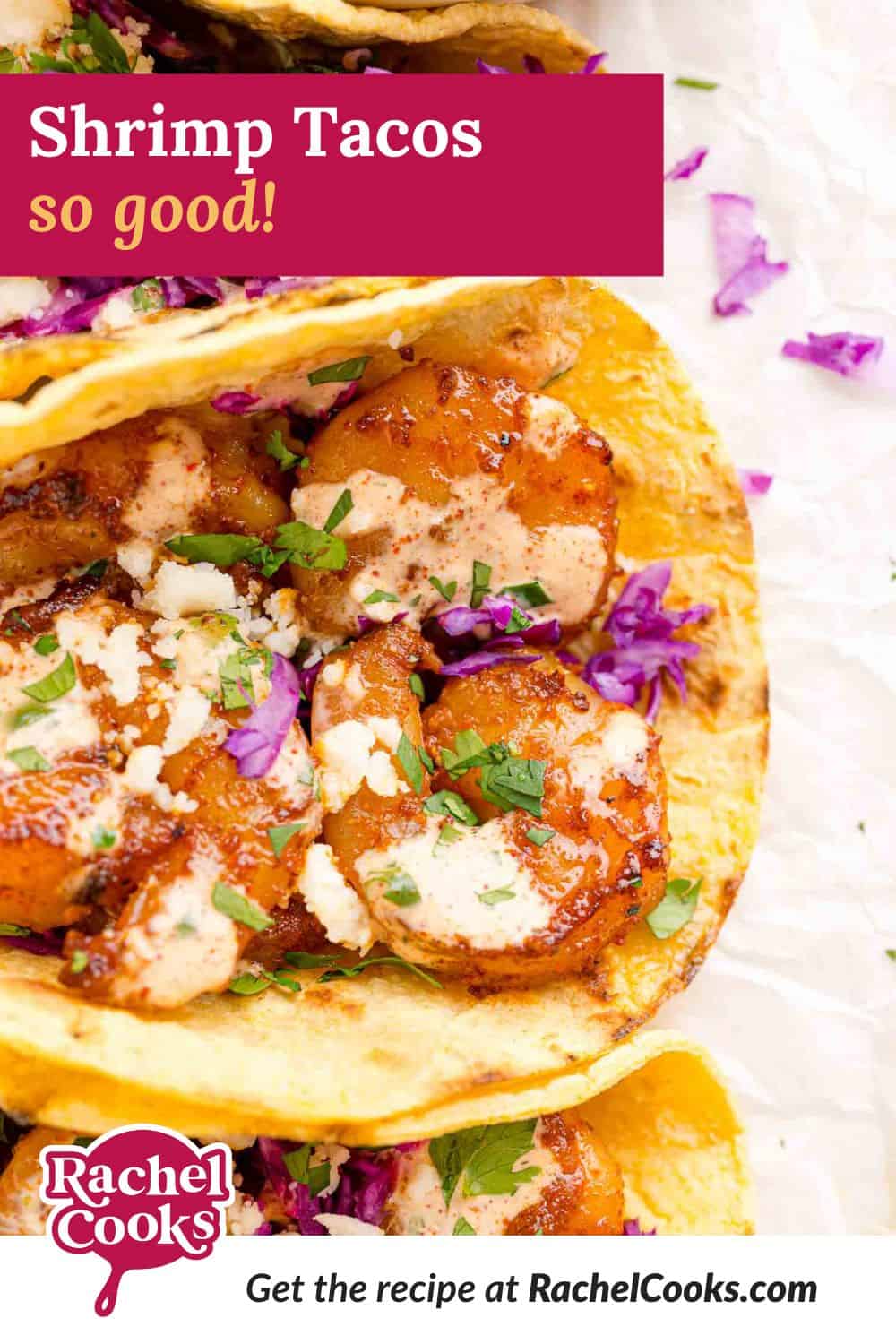 Shrimp tacos Pinterest graphic with text and photos.