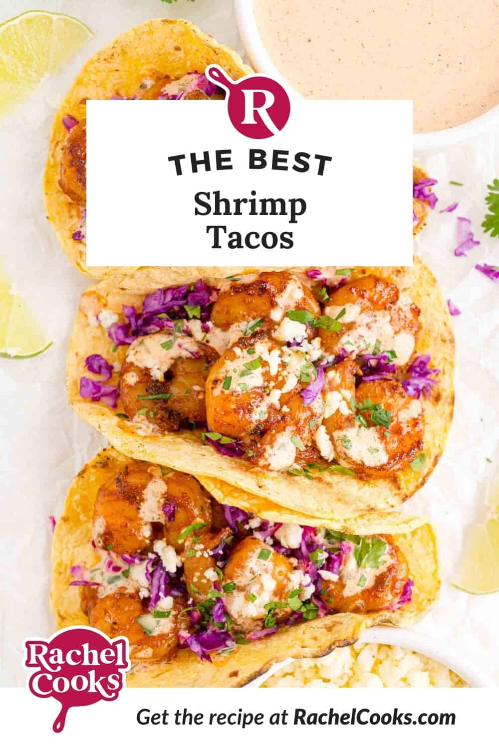 Shrimp tacos Pinterest graphic with text and photos.