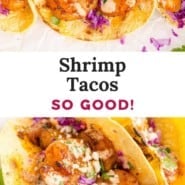 Shrimp tacos Pinterest graphic with text and photos.