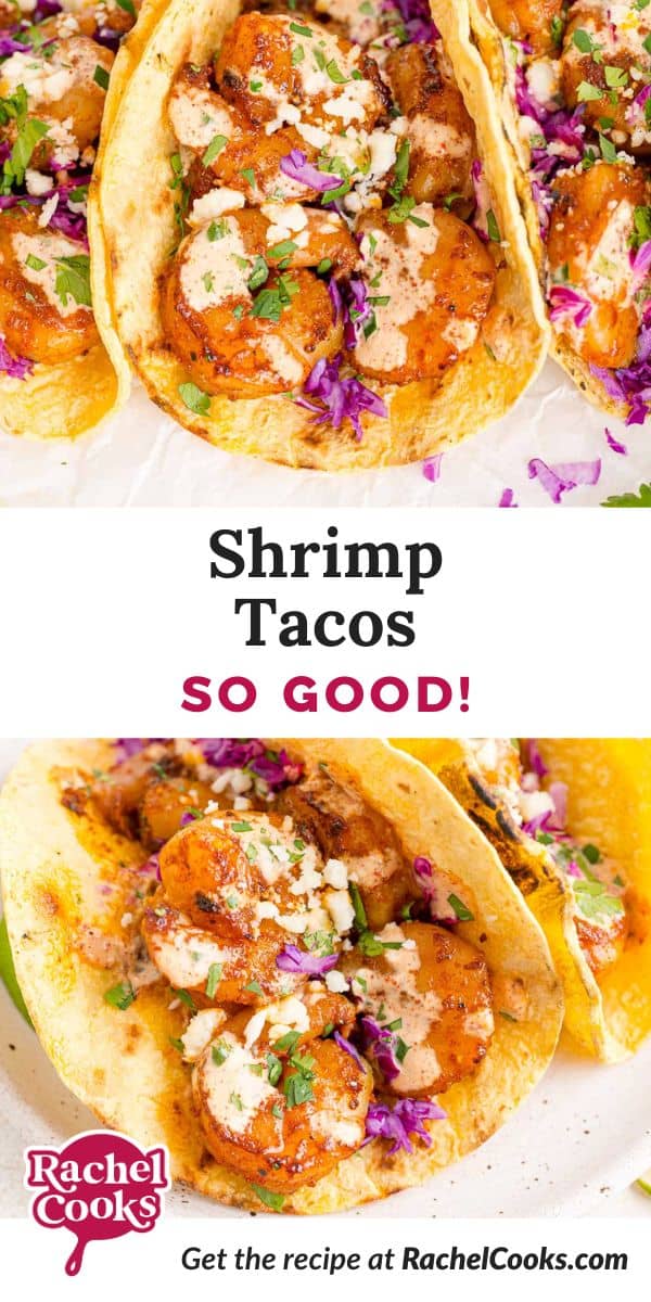 Shrimp tacos Pinterest graphic with text and photos.