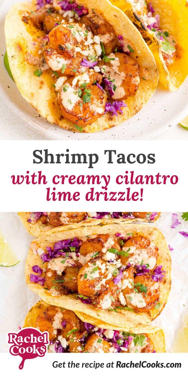 Shrimp tacos Pinterest graphic with text and photos.