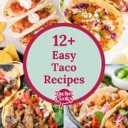 Taco recipes round up graphic with text and photos.