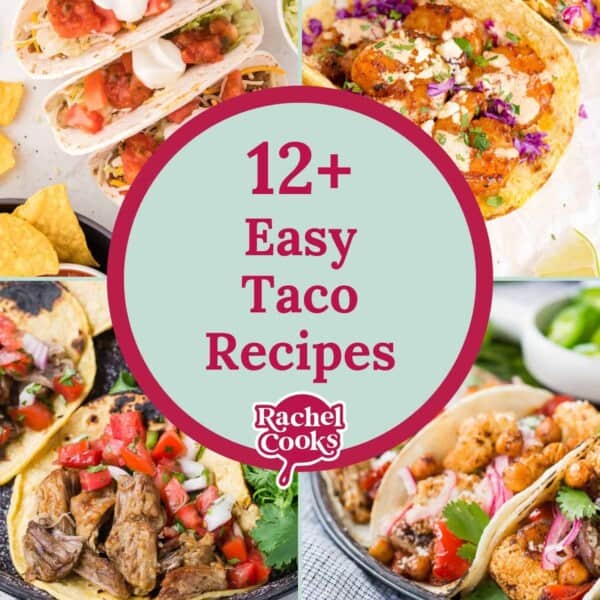 Taco recipes round up graphic with text and photos.