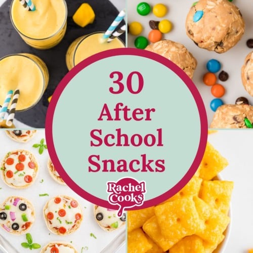 30 after school snacks round up graphic with text and recipe photos.