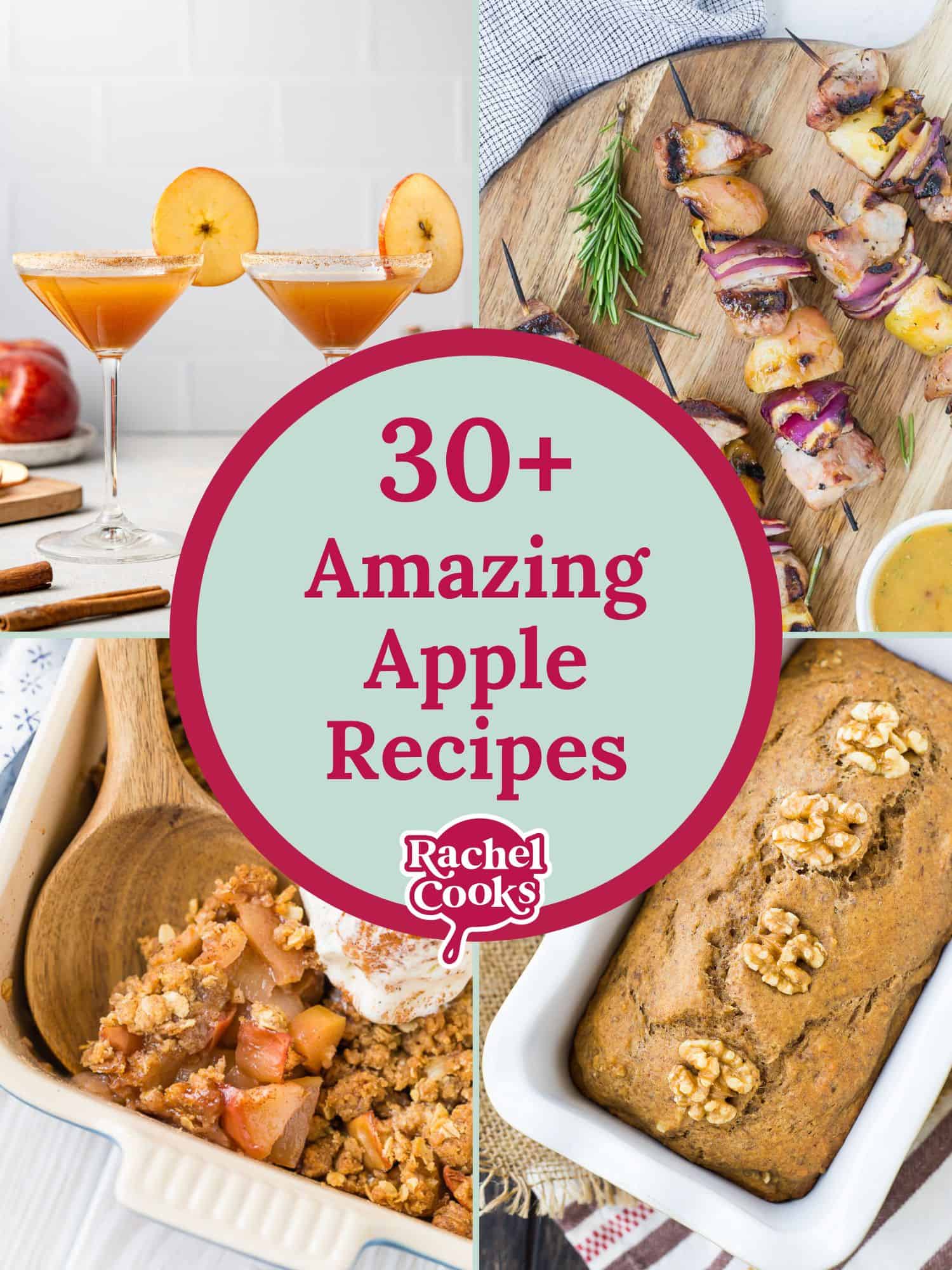 Apple recipes list graphic with text and photos of recipes.