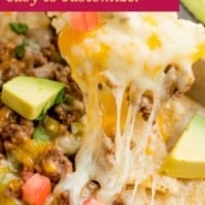 Beef Nachos recipe Pinterest graphic with text and photos.