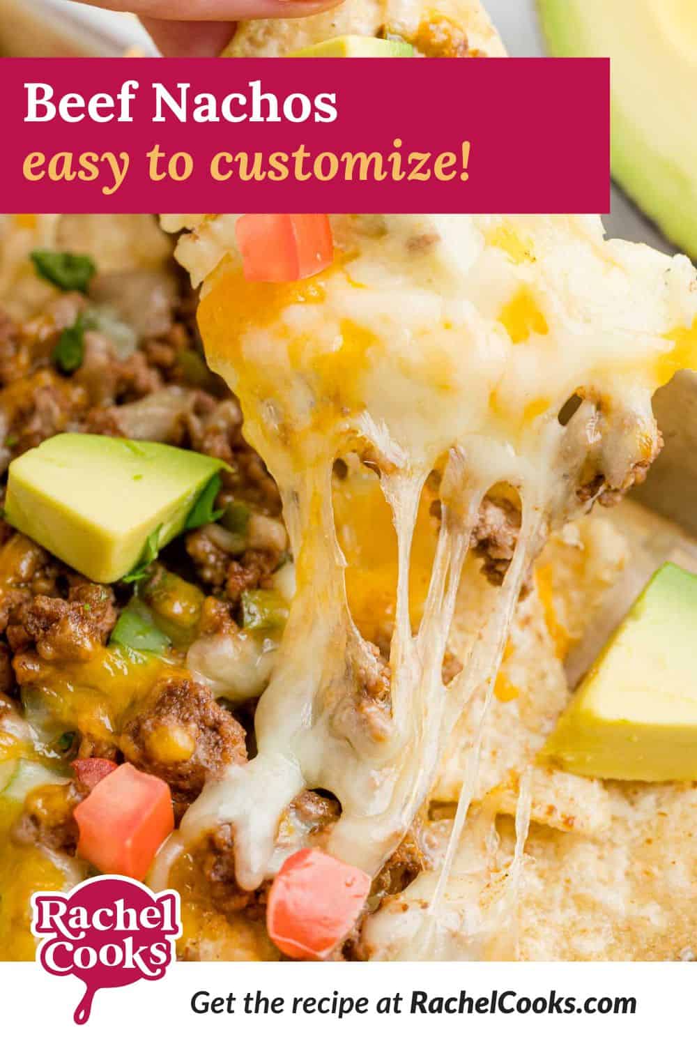 Beef Nachos recipe Pinterest graphic with text and photos.