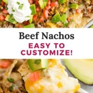 Beef Nachos recipe Pinterest graphic with text and photos.