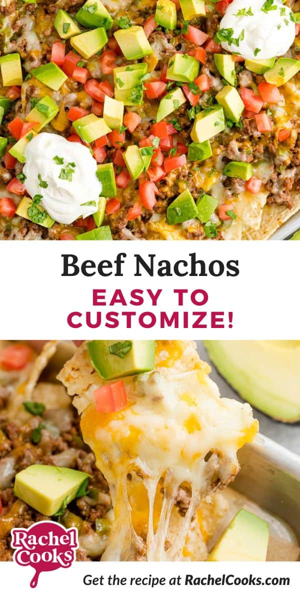 Beef Nachos recipe Pinterest graphic with text and photos.