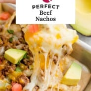 Beef Nachos recipe Pinterest graphic with text and photos.