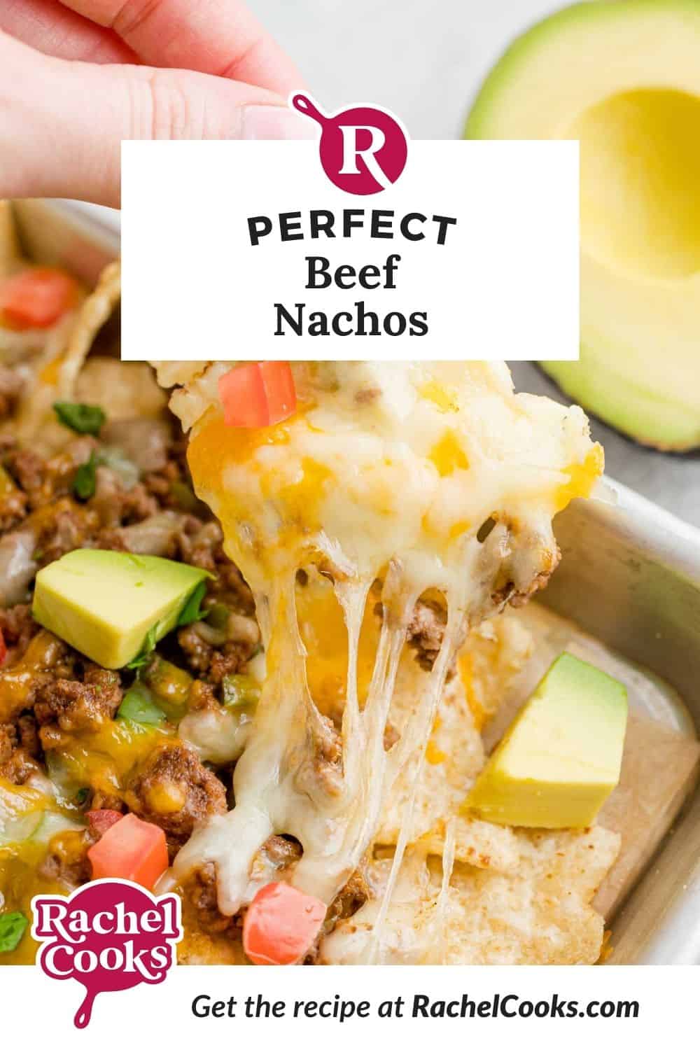 Beef Nachos recipe Pinterest graphic with text and photos.