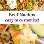 Beef Nachos recipe Pinterest graphic with text and photos.