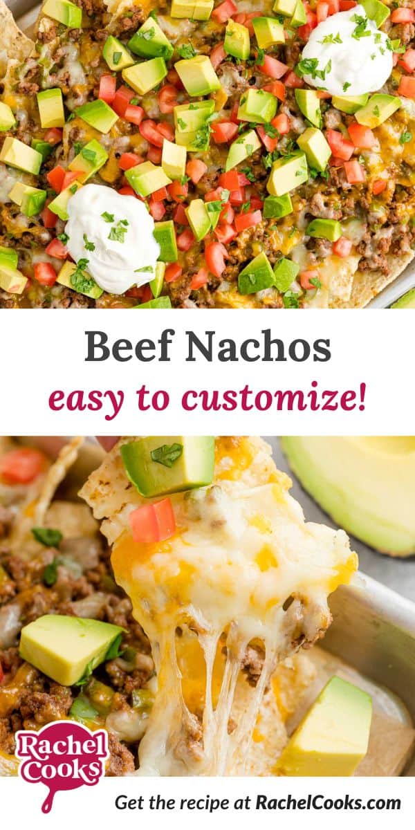 Beef Nachos recipe Pinterest graphic with text and photos.