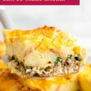 Breakfast casserole pinterest image with text and photos.