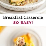 Breakfast casserole pinterest image with text and photos.