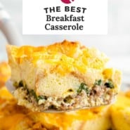 Breakfast casserole pinterest image with text and photos.