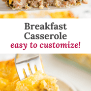 Breakfast casserole pinterest image with text and photos.