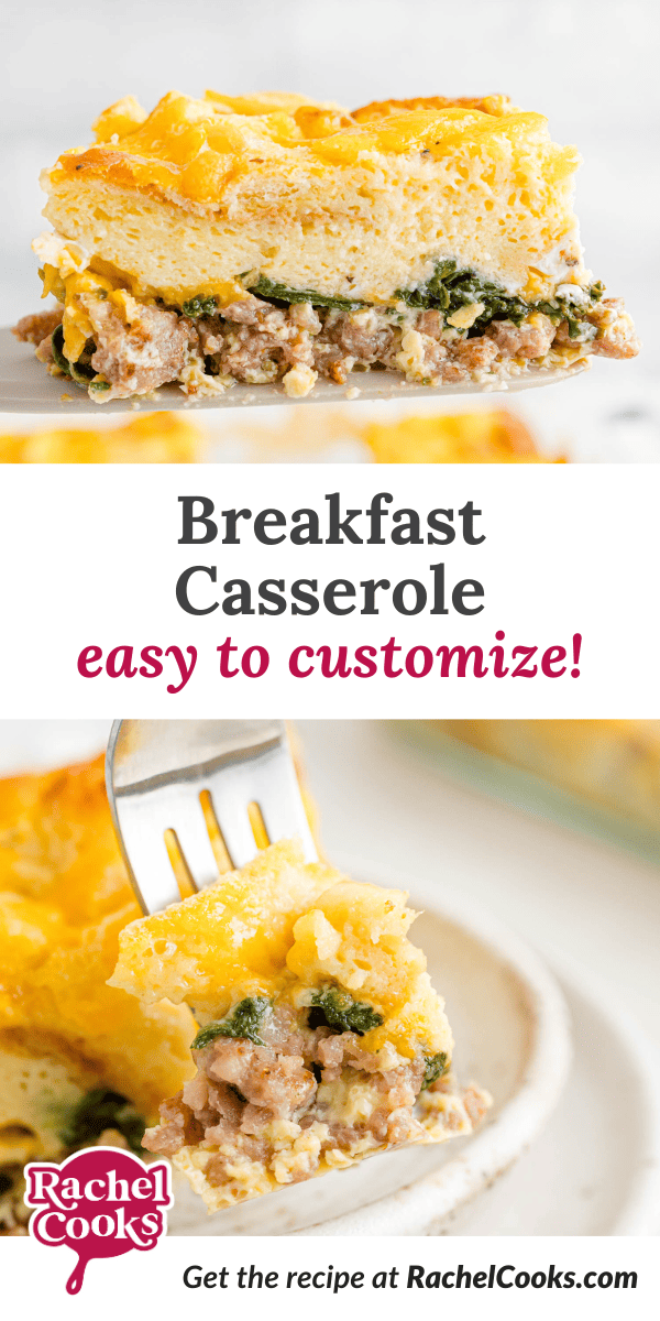 Breakfast casserole pinterest image with text and photos.