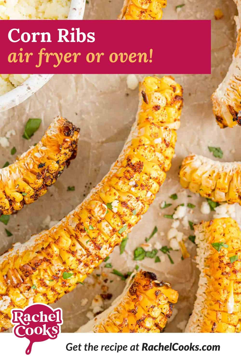 Corn ribs Pinterest graphic, with text and photos.