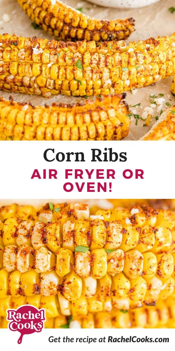 Corn ribs Pinterest graphic, with text and photos.