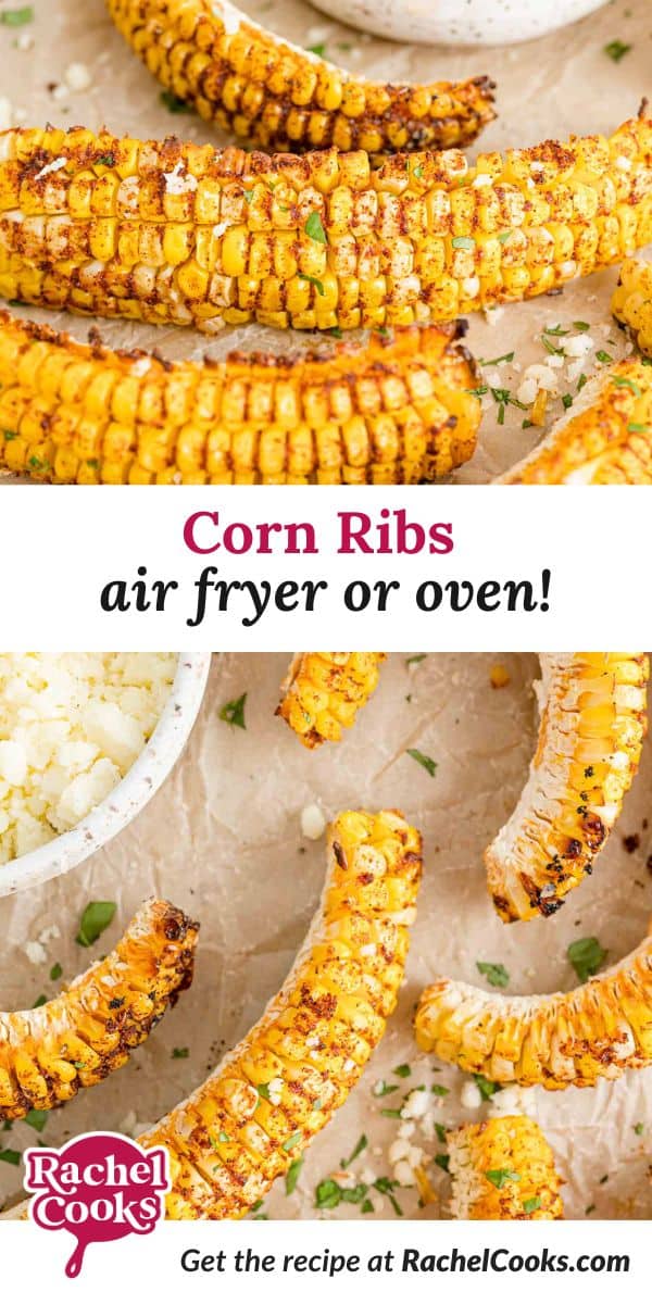 Corn ribs Pinterest graphic, with text and photos.