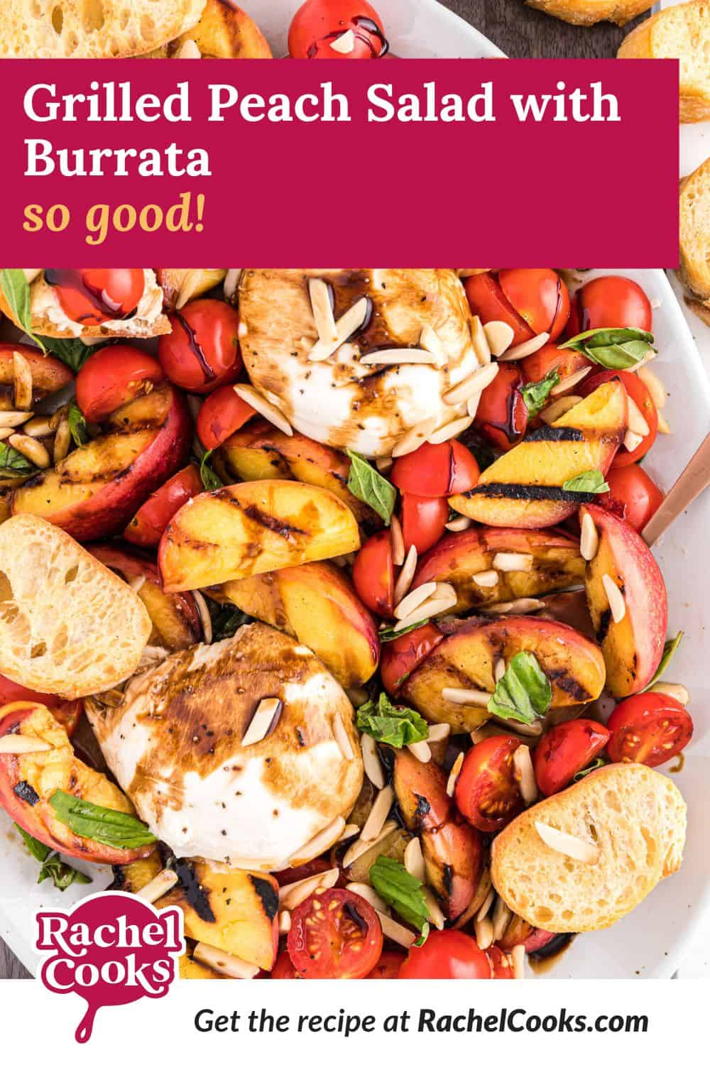 Grilled peach salad pinterest graphic with text and photos.