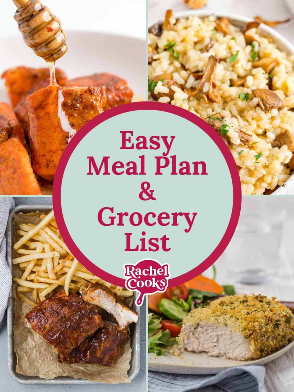 Meal plan graphic with text and recipe photos.