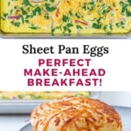 Sheet Pan eggs pinterest graphic with text and photos.