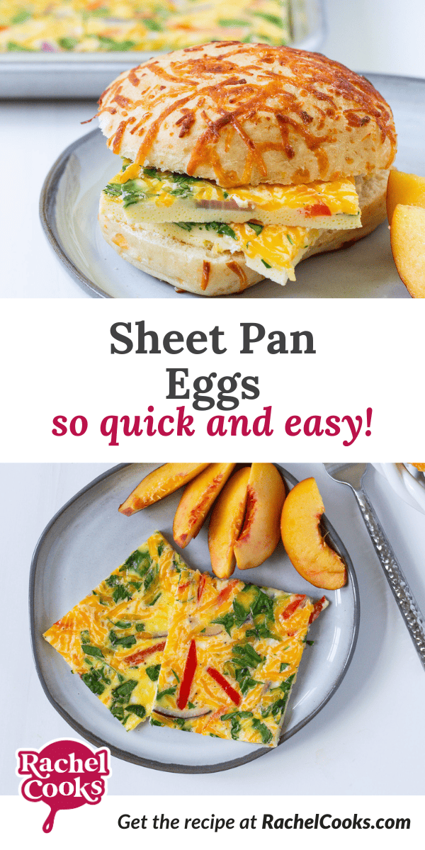 Sheet Pan eggs pinterest graphic with text and photos.