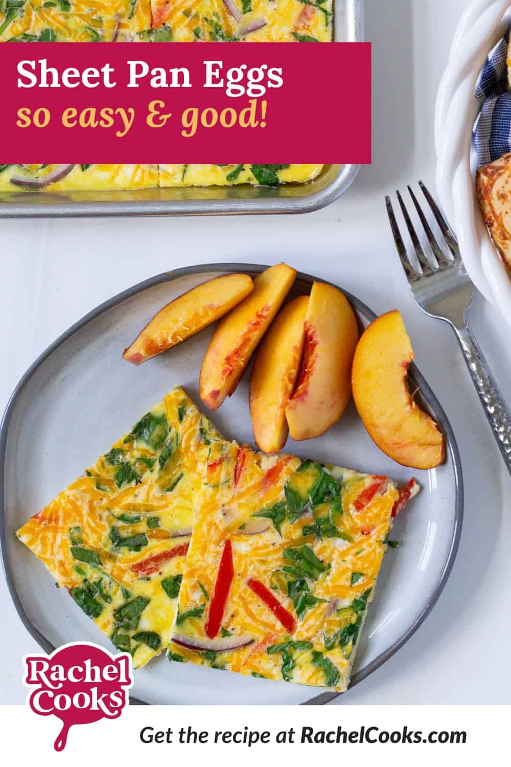 Sheet Pan eggs pinterest graphic with text and photos.