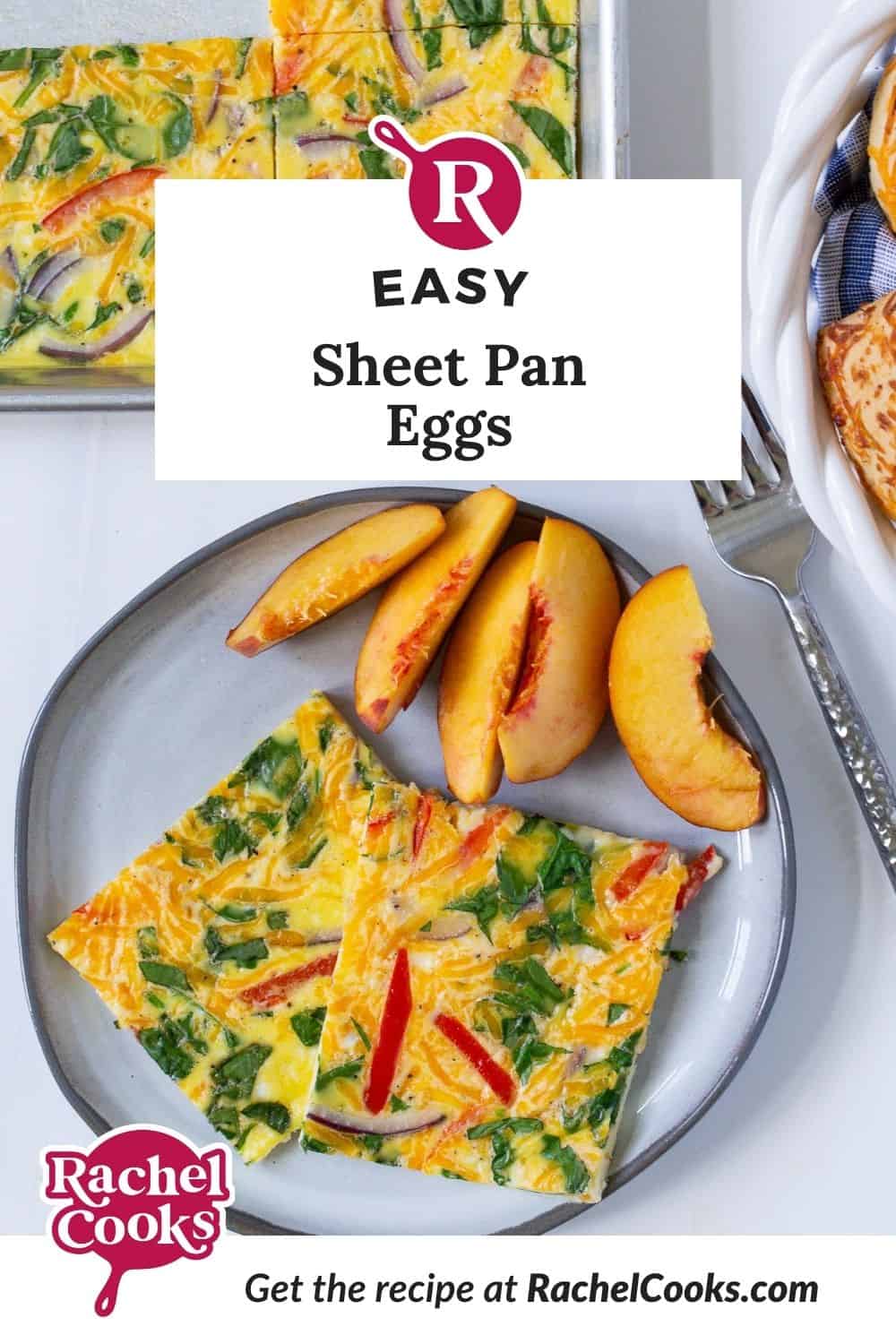 Sheet Pan eggs pinterest graphic with text and photos.