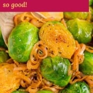 Smoky Brussels sprouts recipe Pinterest graphic with text and photos.