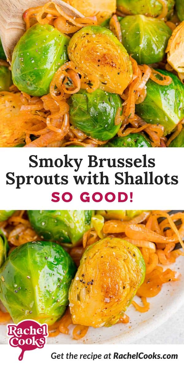 Smoky Brussels sprouts recipe Pinterest graphic with text and photos.
