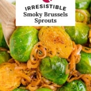 Smoky Brussels sprouts recipe Pinterest graphic with text and photos.
