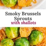 Smoky Brussels sprouts recipe Pinterest graphic with text and photos.