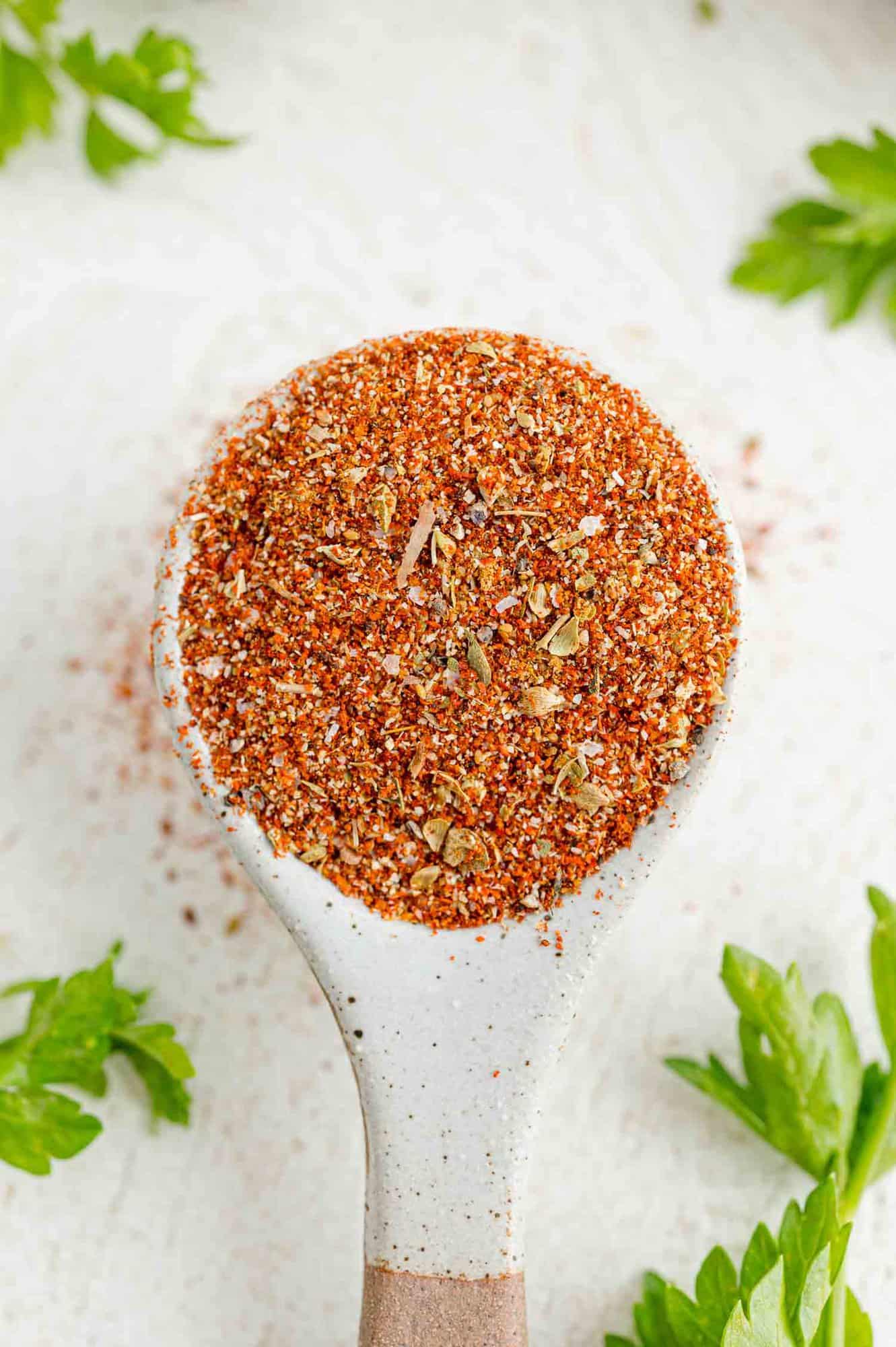 Overhead view of a spoonful of Southwest spice blend.