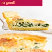 Spinach quiche Pinterest graphic with text and photos.