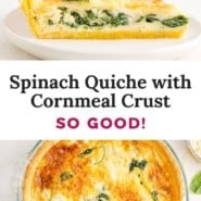 Spinach quiche Pinterest graphic with text and photos.