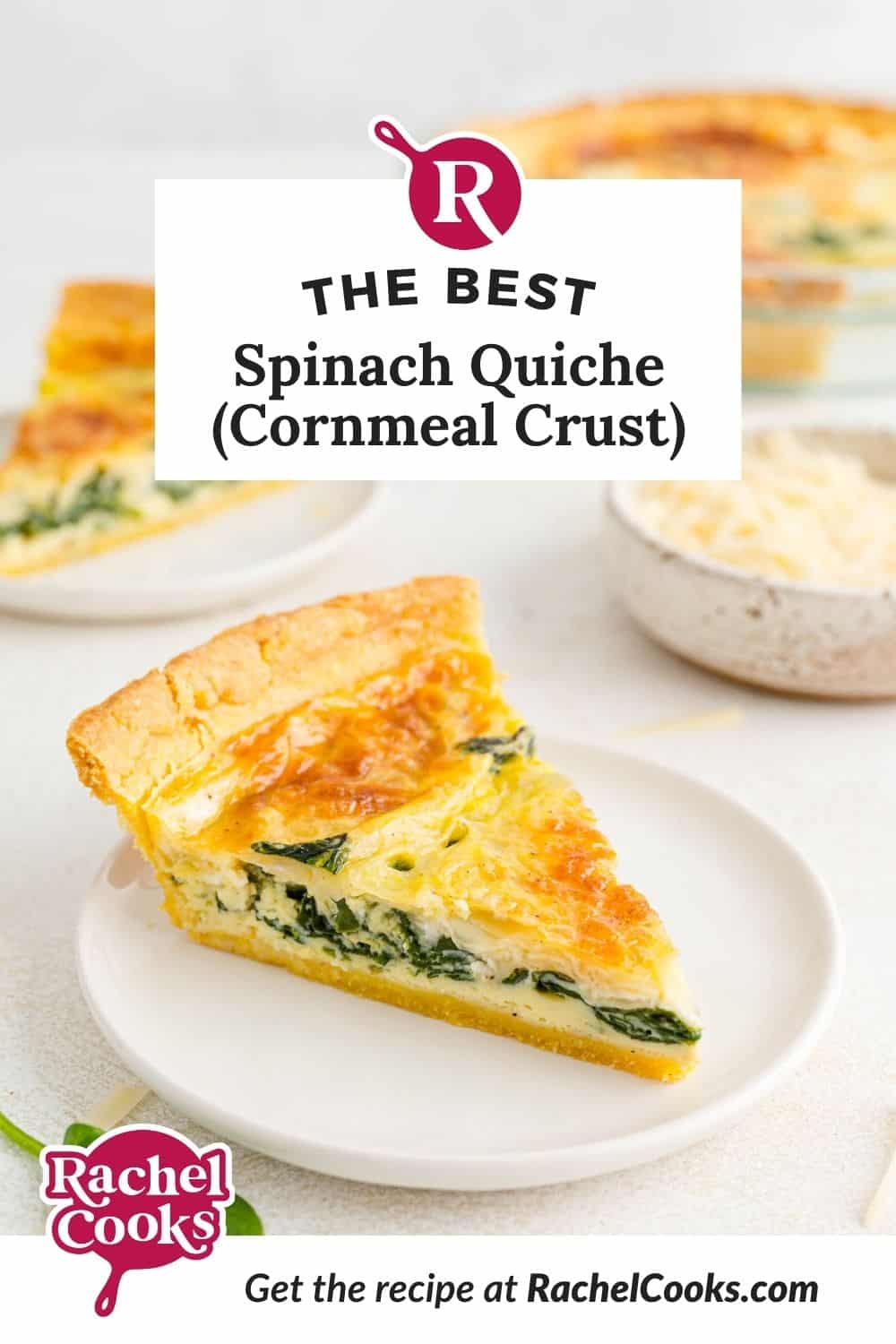 Spinach quiche Pinterest graphic with text and photos.